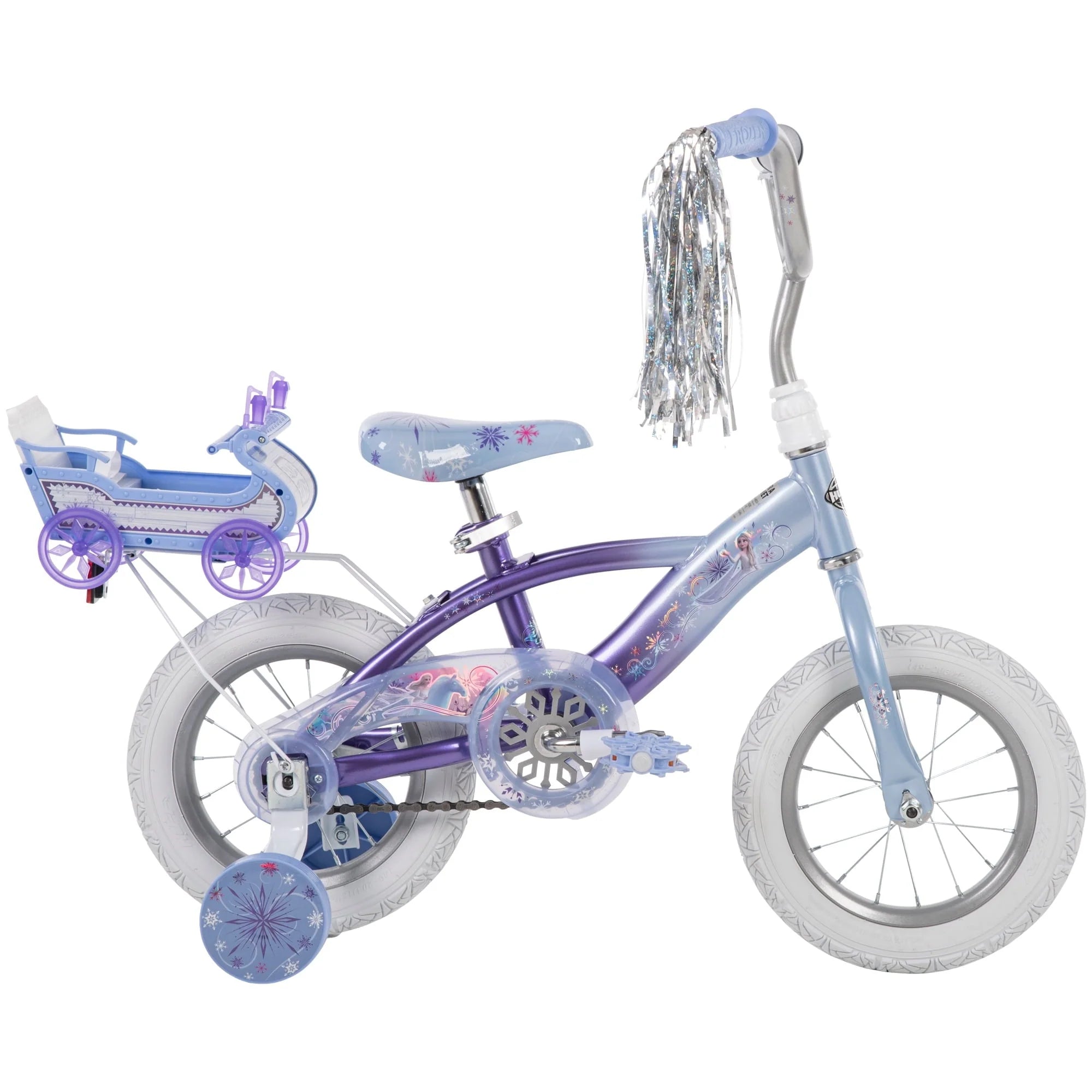disney frozen 12 in bike with doll carrier sleigh for girls ages 2 years white and purple by huffy